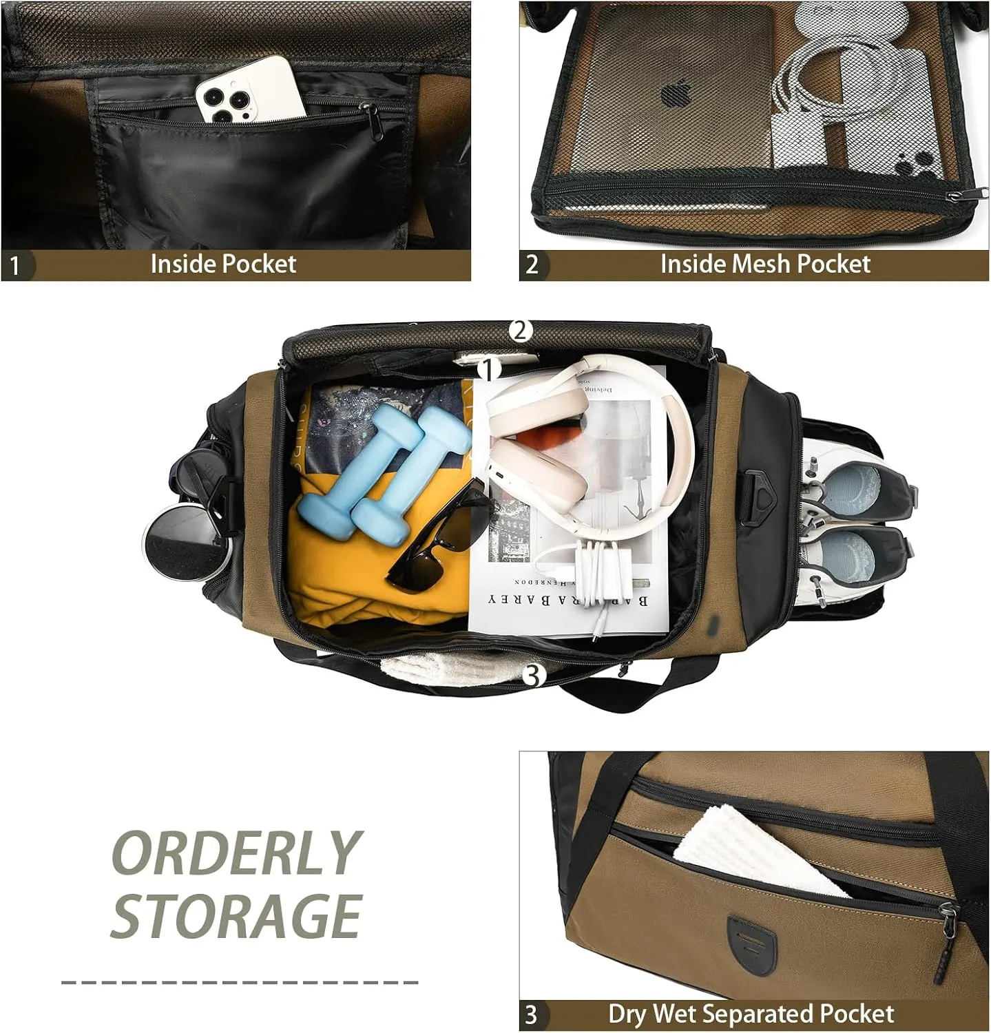 Gym Bags For Men & Women With Shoes Compartment And Wet Pocket, Sports Duffle Bag, Workout Bags For Gym Swimming Yoga,Waterproof Weekend Overnight Carry On Bag A-TD-005-Brown