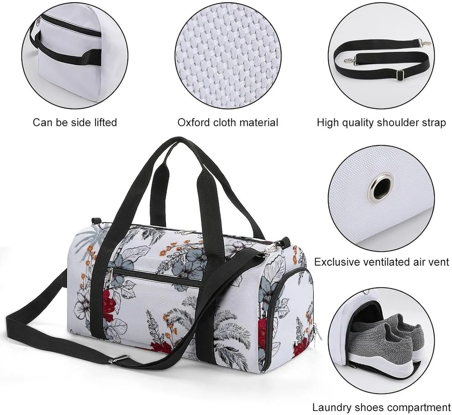 Gym Duffel Bag with Shoe Compartment Wet Pocket, Flora White Travel Bag for Men Women