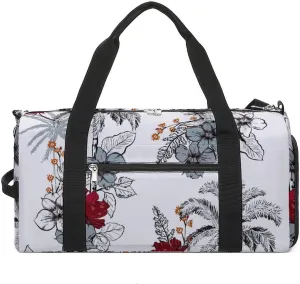 Gym Duffel Bag with Shoe Compartment Wet Pocket, Flora White Travel Bag for Men Women