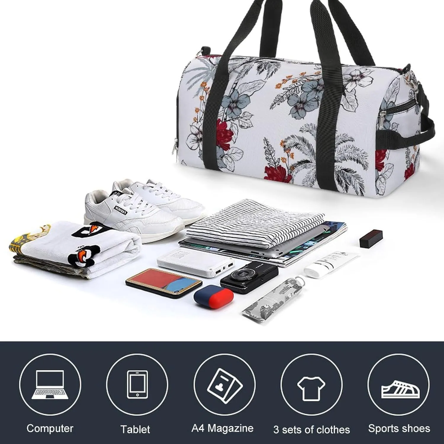 Gym Duffel Bag with Shoe Compartment Wet Pocket, Flora White Travel Bag for Men Women