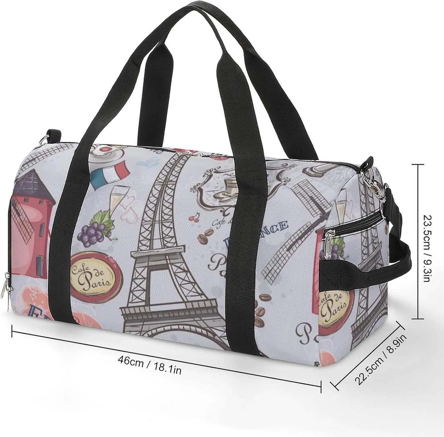 Gym Duffel Bag with Shoe Compartment Wet Pocket, Sights of Paris Travel Bag for Men Women