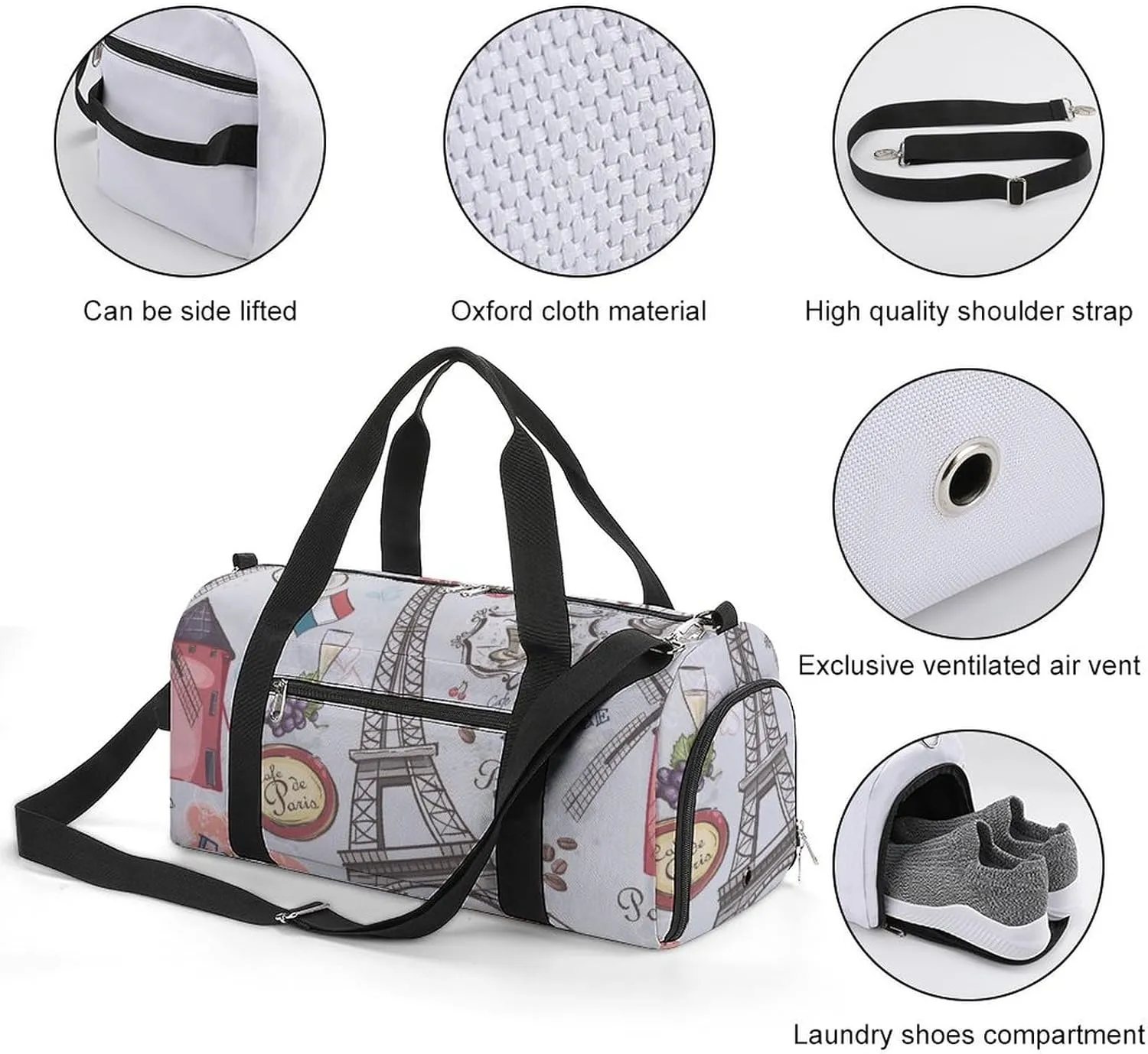 Gym Duffel Bag with Shoe Compartment Wet Pocket, Sights of Paris Travel Bag for Men Women