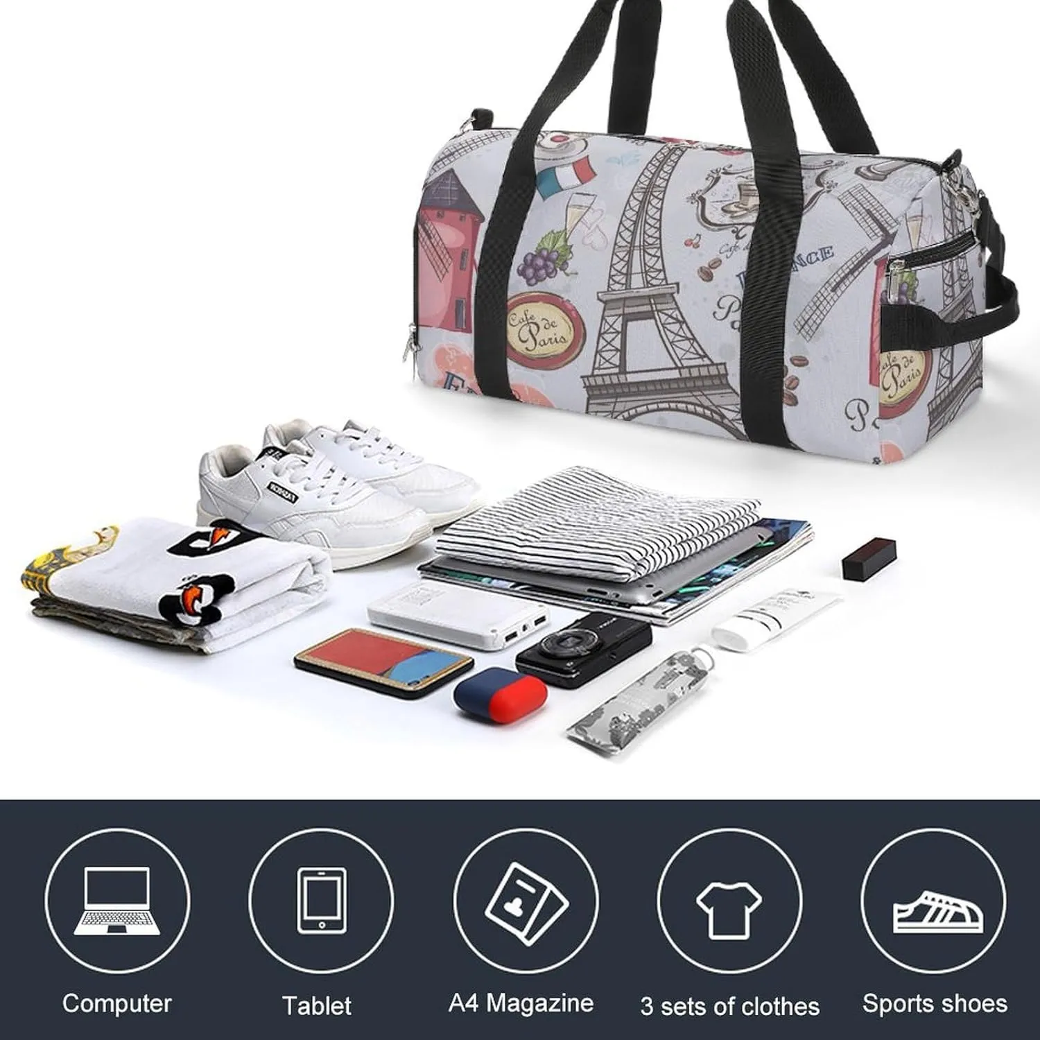 Gym Duffel Bag with Shoe Compartment Wet Pocket, Sights of Paris Travel Bag for Men Women