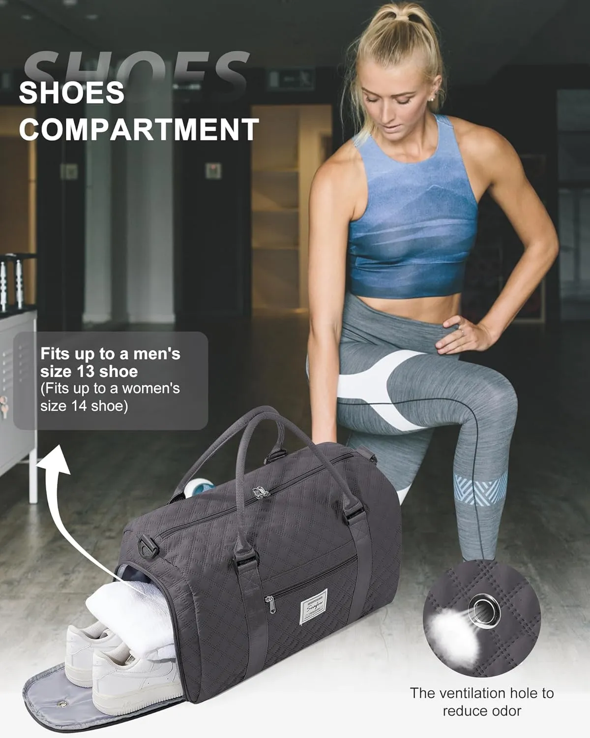 Gym Duffle Bag for Women with Shoe Compartment Waterproof Travel Tote Bags Personal Item Carry On Weekender Overnight Bags with Toiletry Bag Swimming Yoga Bags Hospital Holdalls Black Grey