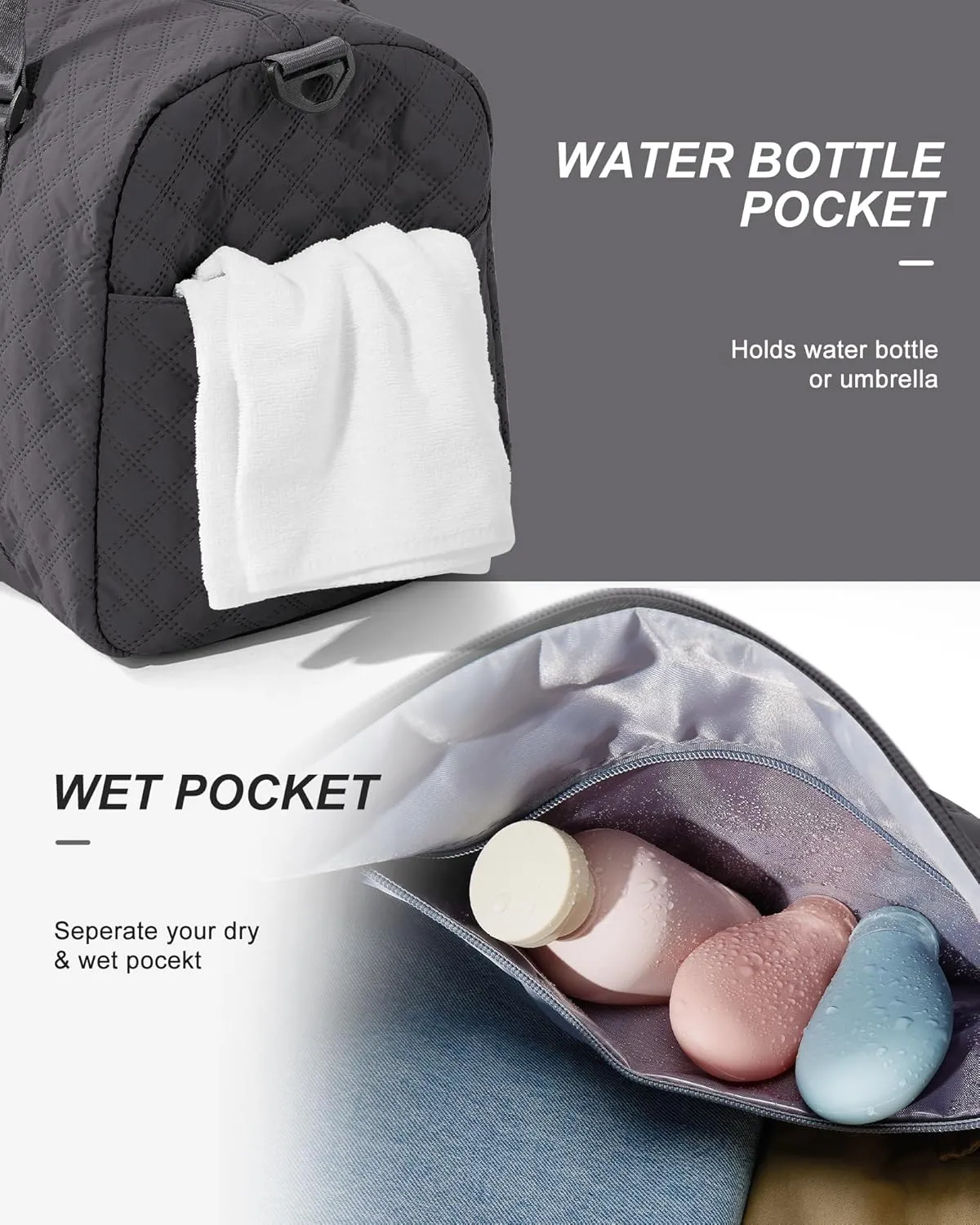 Gym Duffle Bag for Women with Shoe Compartment Waterproof Travel Tote Bags Personal Item Carry On Weekender Overnight Bags with Toiletry Bag Swimming Yoga Bags Hospital Holdalls Black Grey
