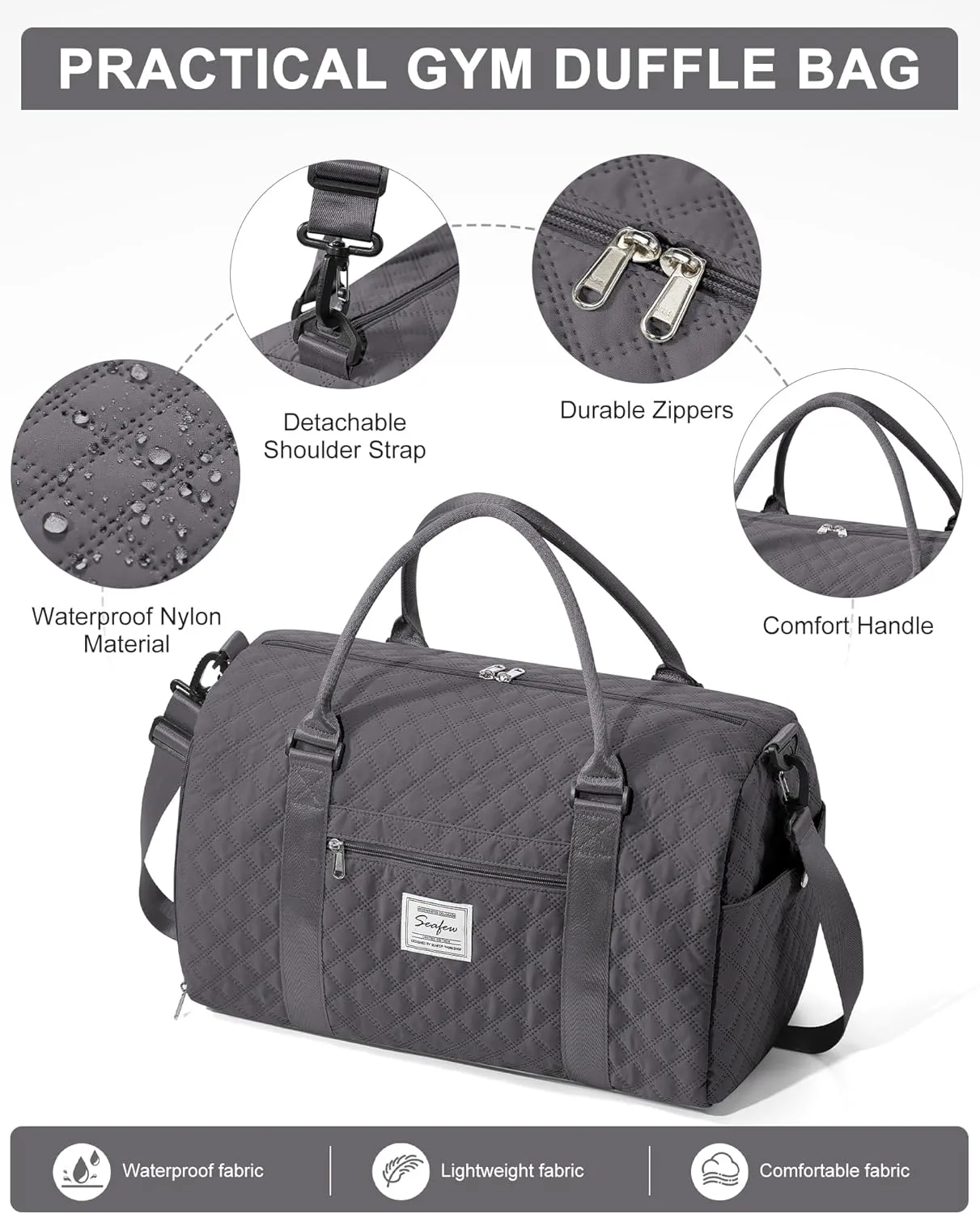 Gym Duffle Bag for Women with Shoe Compartment Waterproof Travel Tote Bags Personal Item Carry On Weekender Overnight Bags with Toiletry Bag Swimming Yoga Bags Hospital Holdalls Black Grey