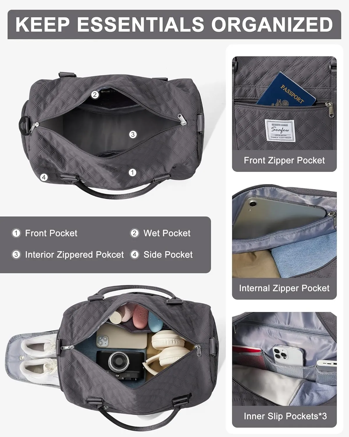 Gym Duffle Bag for Women with Shoe Compartment Waterproof Travel Tote Bags Personal Item Carry On Weekender Overnight Bags with Toiletry Bag Swimming Yoga Bags Hospital Holdalls Black Grey