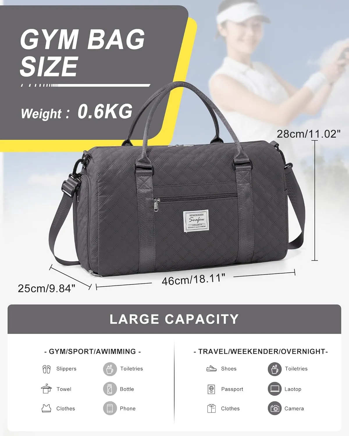 Gym Duffle Bag for Women with Shoe Compartment Waterproof Travel Tote Bags Personal Item Carry On Weekender Overnight Bags with Toiletry Bag Swimming Yoga Bags Hospital Holdalls Black Grey