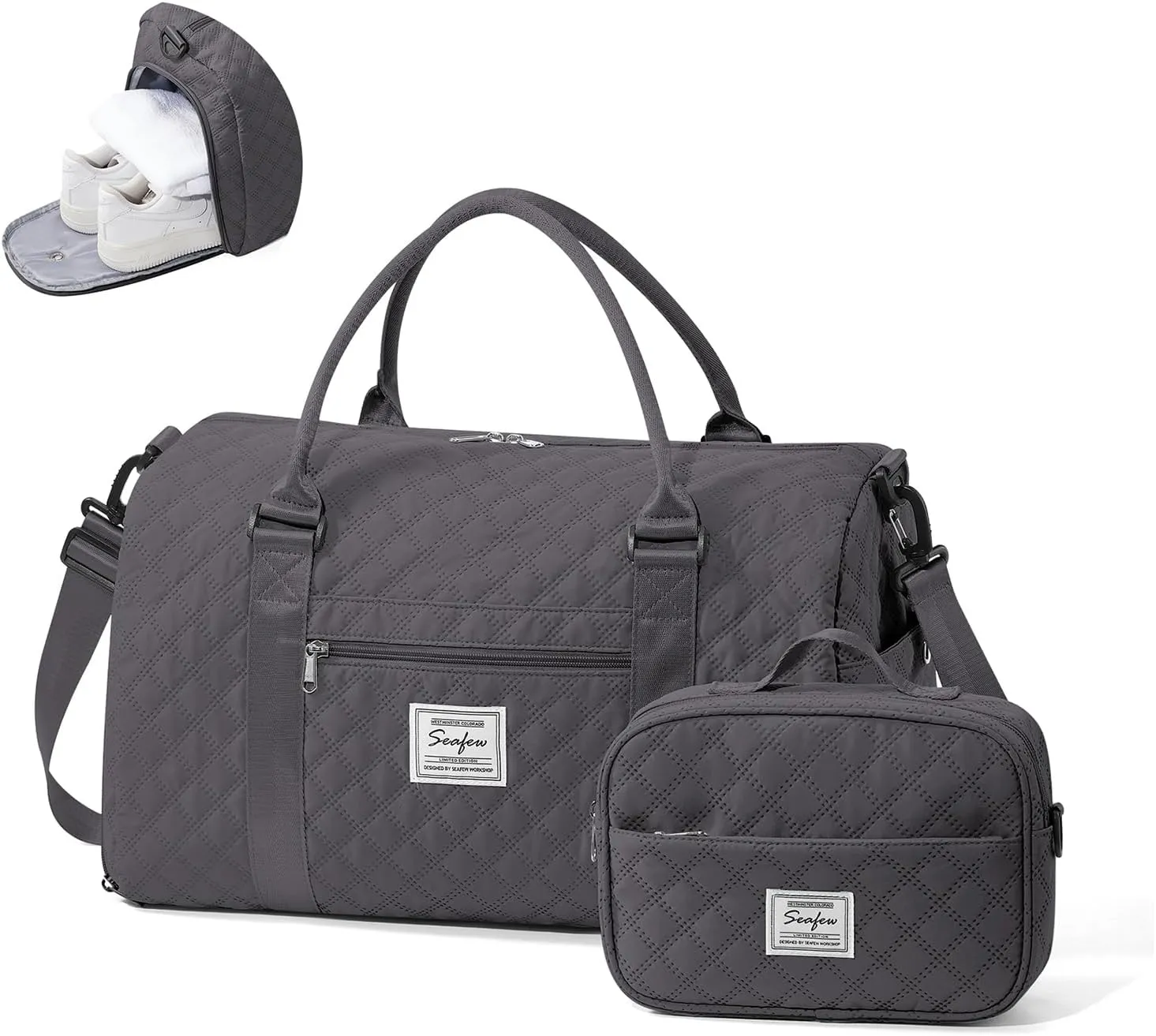 Gym Duffle Bag for Women with Shoe Compartment Waterproof Travel Tote Bags Personal Item Carry On Weekender Overnight Bags with Toiletry Bag Swimming Yoga Bags Hospital Holdalls Black Grey