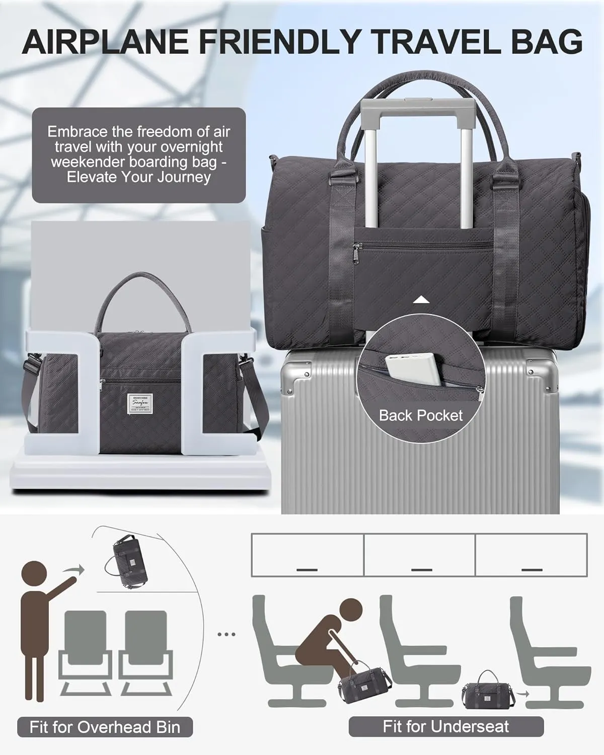 Gym Duffle Bag for Women with Shoe Compartment Waterproof Travel Tote Bags Personal Item Carry On Weekender Overnight Bags with Toiletry Bag Swimming Yoga Bags Hospital Holdalls Black Grey
