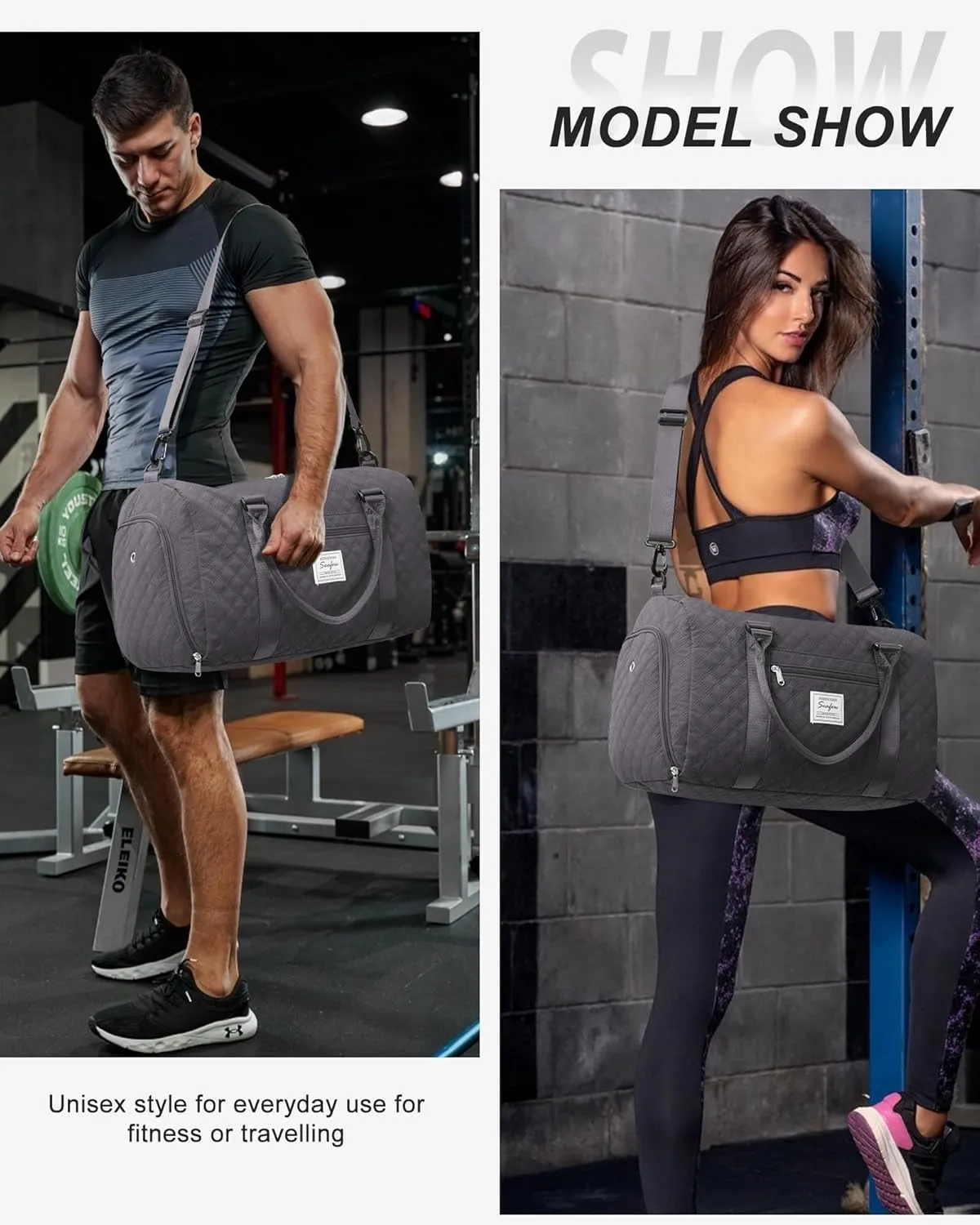 Gym Duffle Bag for Women with Shoe Compartment Waterproof Travel Tote Bags Personal Item Carry On Weekender Overnight Bags with Toiletry Bag Swimming Yoga Bags Hospital Holdalls Black Grey