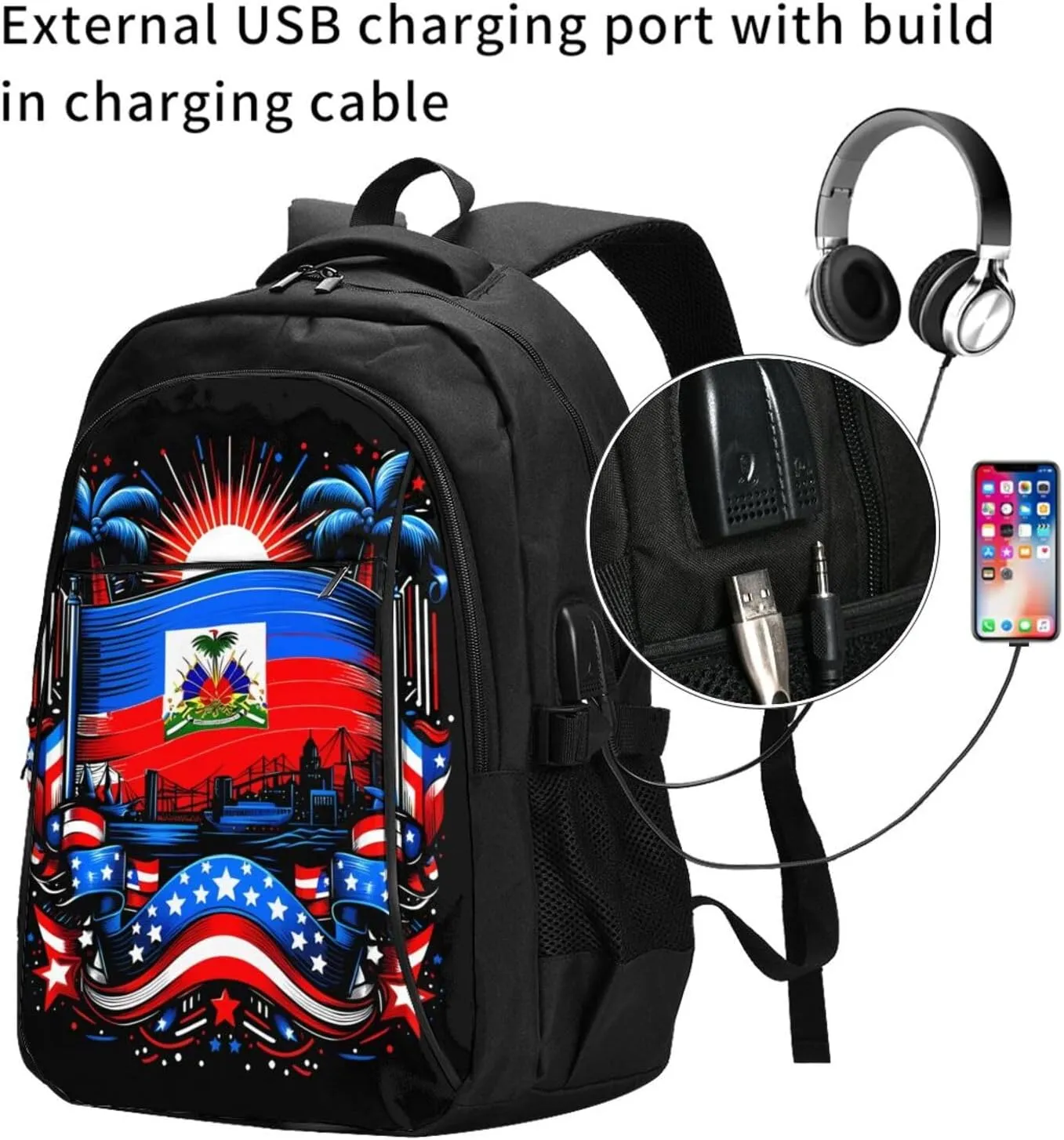 Haiti Flag Day Haitian Pride Travel Backpacks Casual Backpack Large Capacity Laptop Rucksack Luggage Daypacks with USB Charging Port Multi-Pockets Bags for Hiking