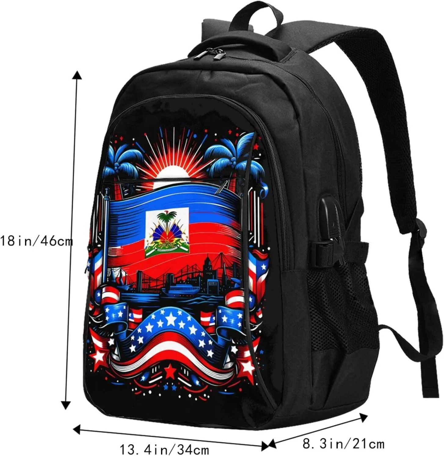 Haiti Flag Day Haitian Pride Travel Backpacks Casual Backpack Large Capacity Laptop Rucksack Luggage Daypacks with USB Charging Port Multi-Pockets Bags for Hiking