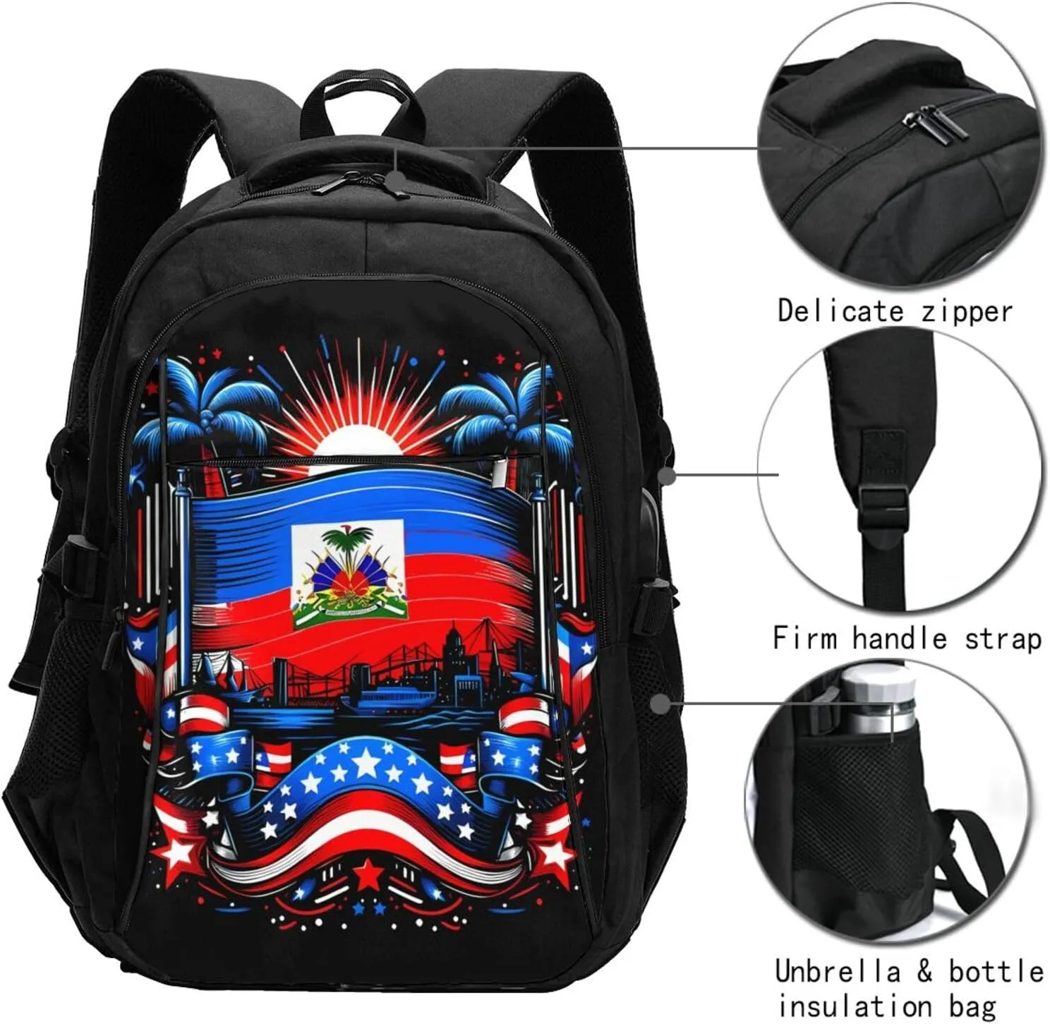 Haiti Flag Day Haitian Pride Travel Backpacks Casual Backpack Large Capacity Laptop Rucksack Luggage Daypacks with USB Charging Port Multi-Pockets Bags for Hiking