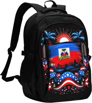 Haiti Flag Day Haitian Pride Travel Backpacks Casual Backpack Large Capacity Laptop Rucksack Luggage Daypacks with USB Charging Port Multi-Pockets Bags for Hiking