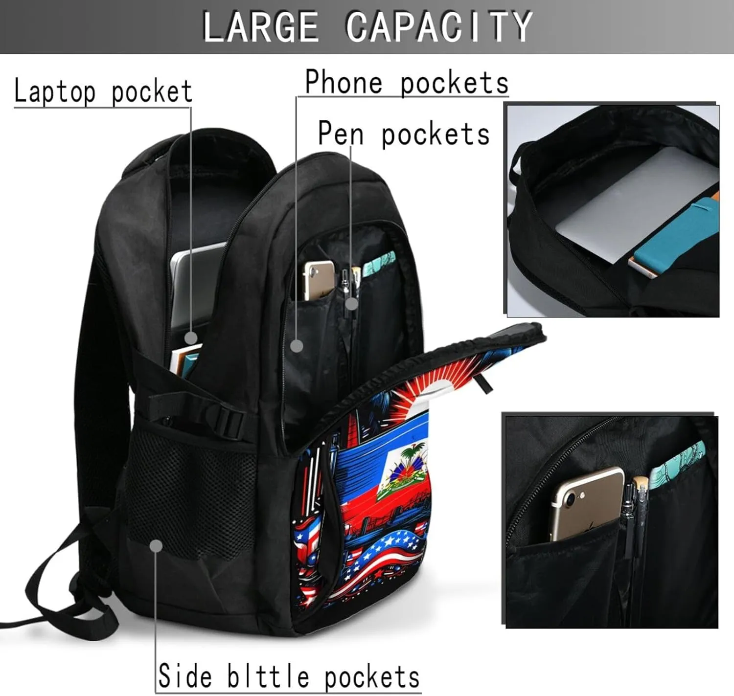 Haiti Flag Day Haitian Pride Travel Backpacks Casual Backpack Large Capacity Laptop Rucksack Luggage Daypacks with USB Charging Port Multi-Pockets Bags for Hiking