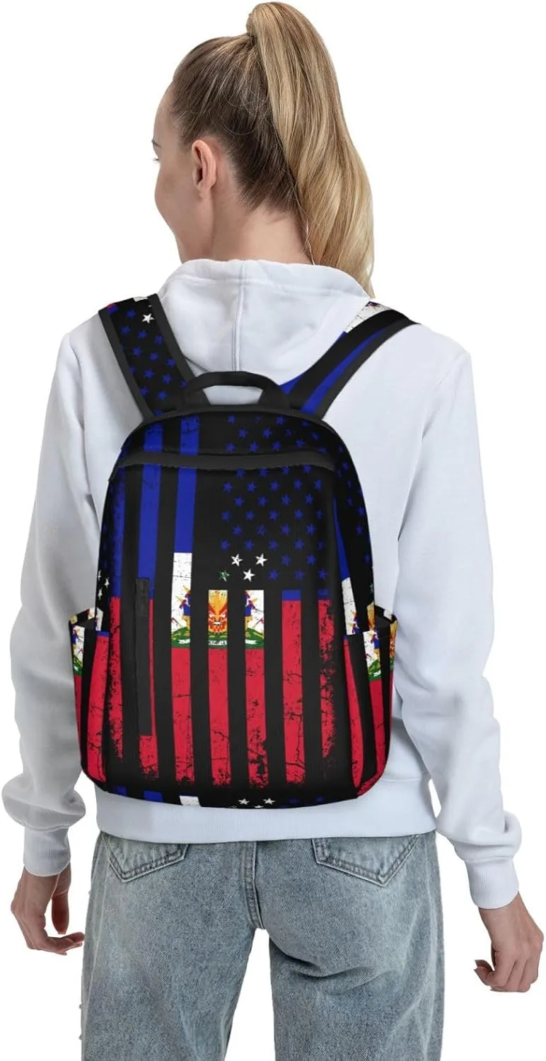 Haitian American Flag Haitian Roots Casual Backpacks Large Capacity Laptop Backpack Sports Fitness Rucksack Travel Carry-On Daypack Work Bag for Outdoor Camping