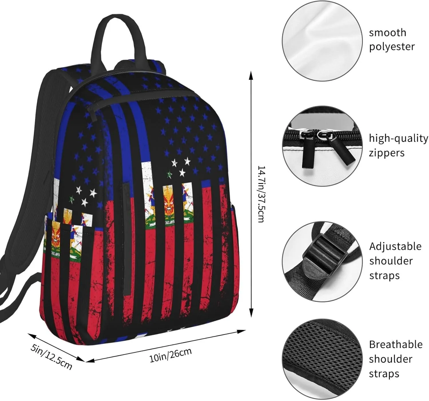 Haitian American Flag Haitian Roots Casual Backpacks Large Capacity Laptop Backpack Sports Fitness Rucksack Travel Carry-On Daypack Work Bag for Outdoor Camping