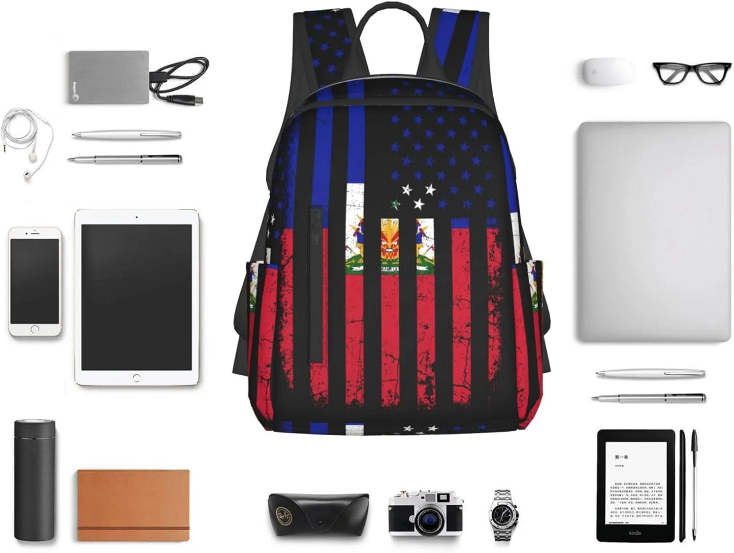 Haitian American Flag Haitian Roots Casual Backpacks Large Capacity Laptop Backpack Sports Fitness Rucksack Travel Carry-On Daypack Work Bag for Outdoor Camping