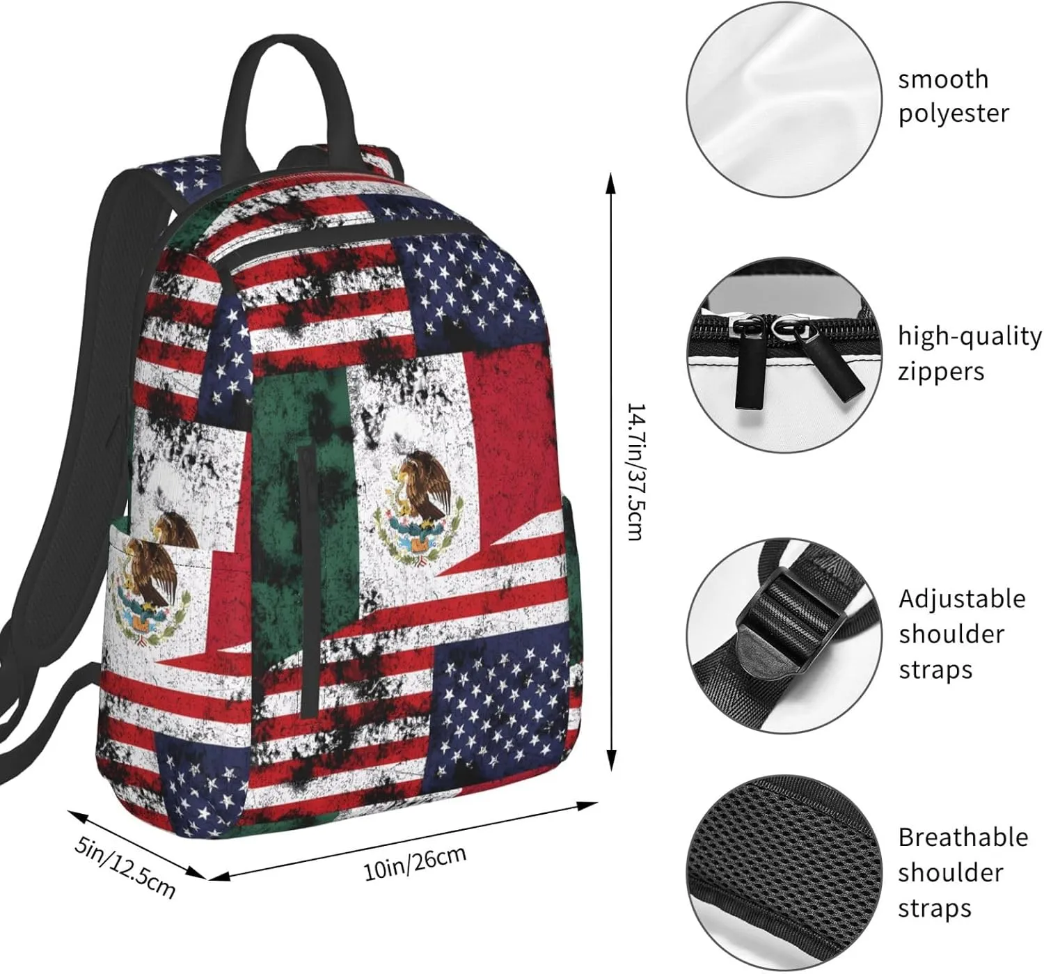 Half Mexico American Flag Travel Backpacks Casual Laptop Backpack Sport Rucksack Large Capacity Daypack Multi-Pockets Adjustable Strap Bag for Working Hiking
