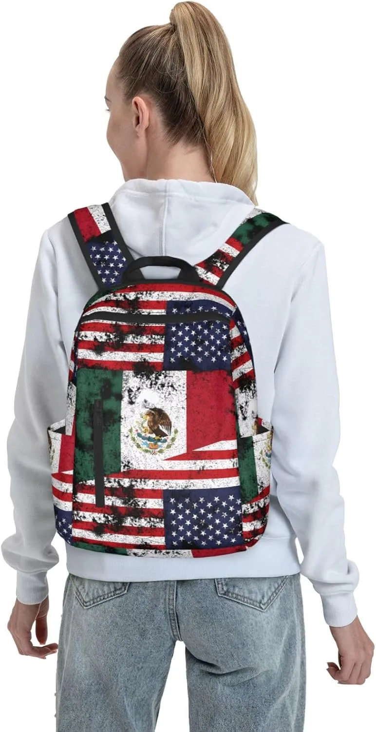 Half Mexico American Flag Travel Backpacks Casual Laptop Backpack Sport Rucksack Large Capacity Daypack Multi-Pockets Adjustable Strap Bag for Working Hiking