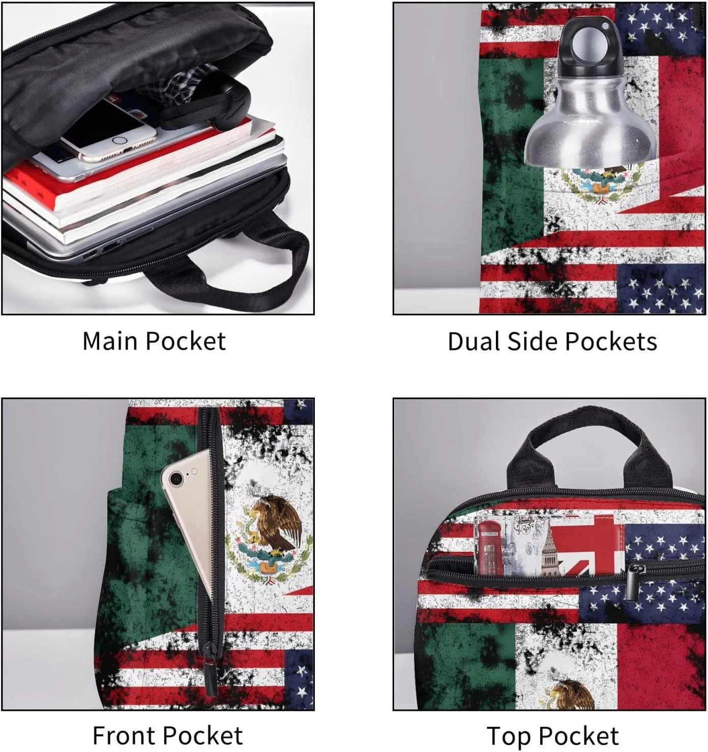 Half Mexico American Flag Travel Backpacks Casual Laptop Backpack Sport Rucksack Large Capacity Daypack Multi-Pockets Adjustable Strap Bag for Working Hiking