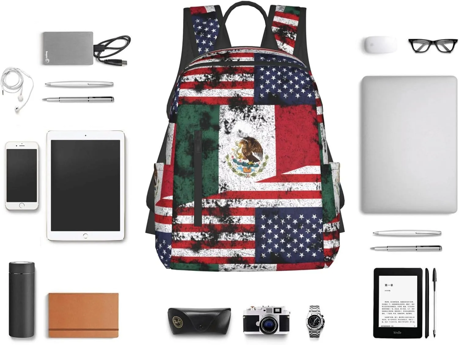 Half Mexico American Flag Travel Backpacks Casual Laptop Backpack Sport Rucksack Large Capacity Daypack Multi-Pockets Adjustable Strap Bag for Working Hiking