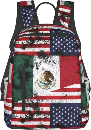 Half Mexico American Flag Travel Backpacks Casual Laptop Backpack Sport Rucksack Large Capacity Daypack Multi-Pockets Adjustable Strap Bag for Working Hiking