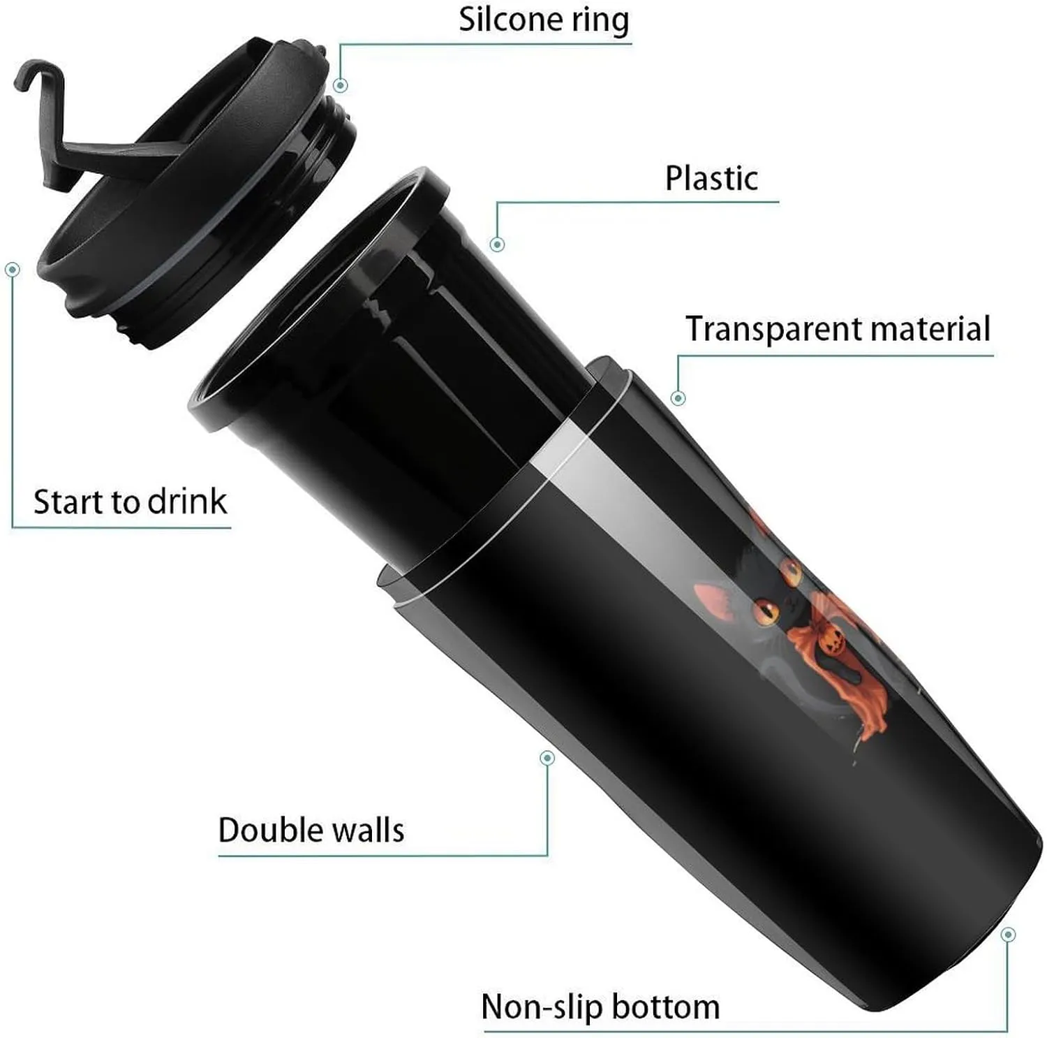 Halloween-cat Coffee Mug with Lid Portable Tumbler Water Bottle for Travel Business 350ml