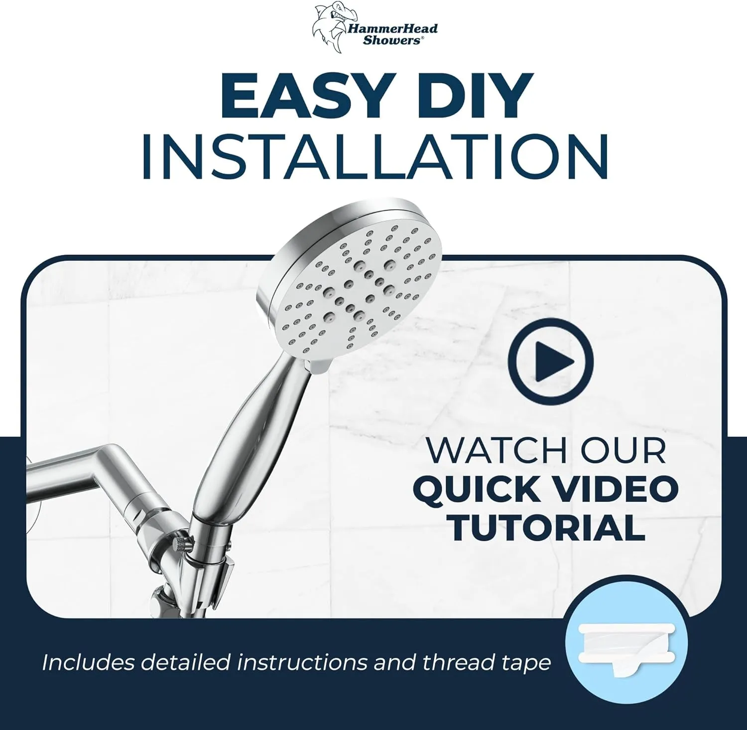 HammerHead Showers® ALL METAL 3-Spray Handheld Shower Head with Long Hose and Holder - CHROME - 2.5 GPM High Pressure Shower Head with Handheld Sprayer - WIDE, MASSAGE, and MIST Sprays