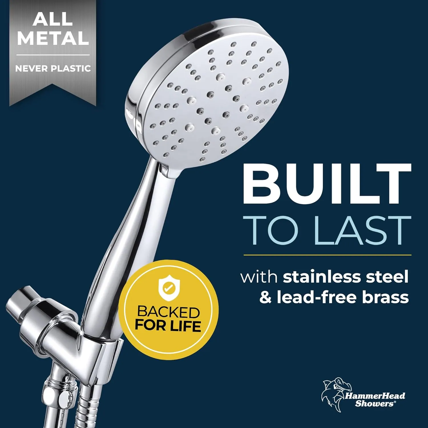 HammerHead Showers® ALL METAL 3-Spray Handheld Shower Head with Long Hose and Holder - CHROME - 2.5 GPM High Pressure Shower Head with Handheld Sprayer - WIDE, MASSAGE, and MIST Sprays