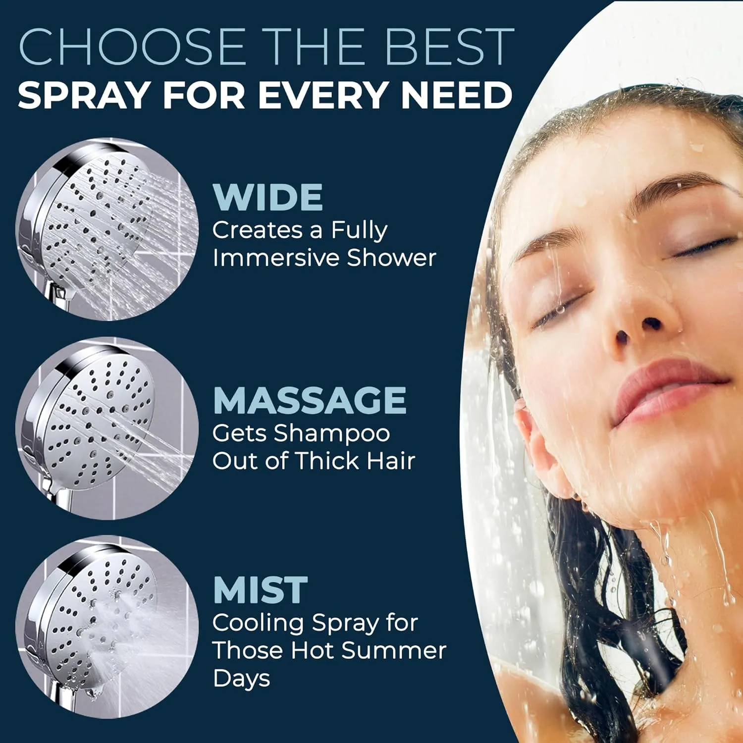 HammerHead Showers® ALL METAL 3-Spray Handheld Shower Head with Long Hose and Holder - CHROME - 2.5 GPM High Pressure Shower Head with Handheld Sprayer - WIDE, MASSAGE, and MIST Sprays