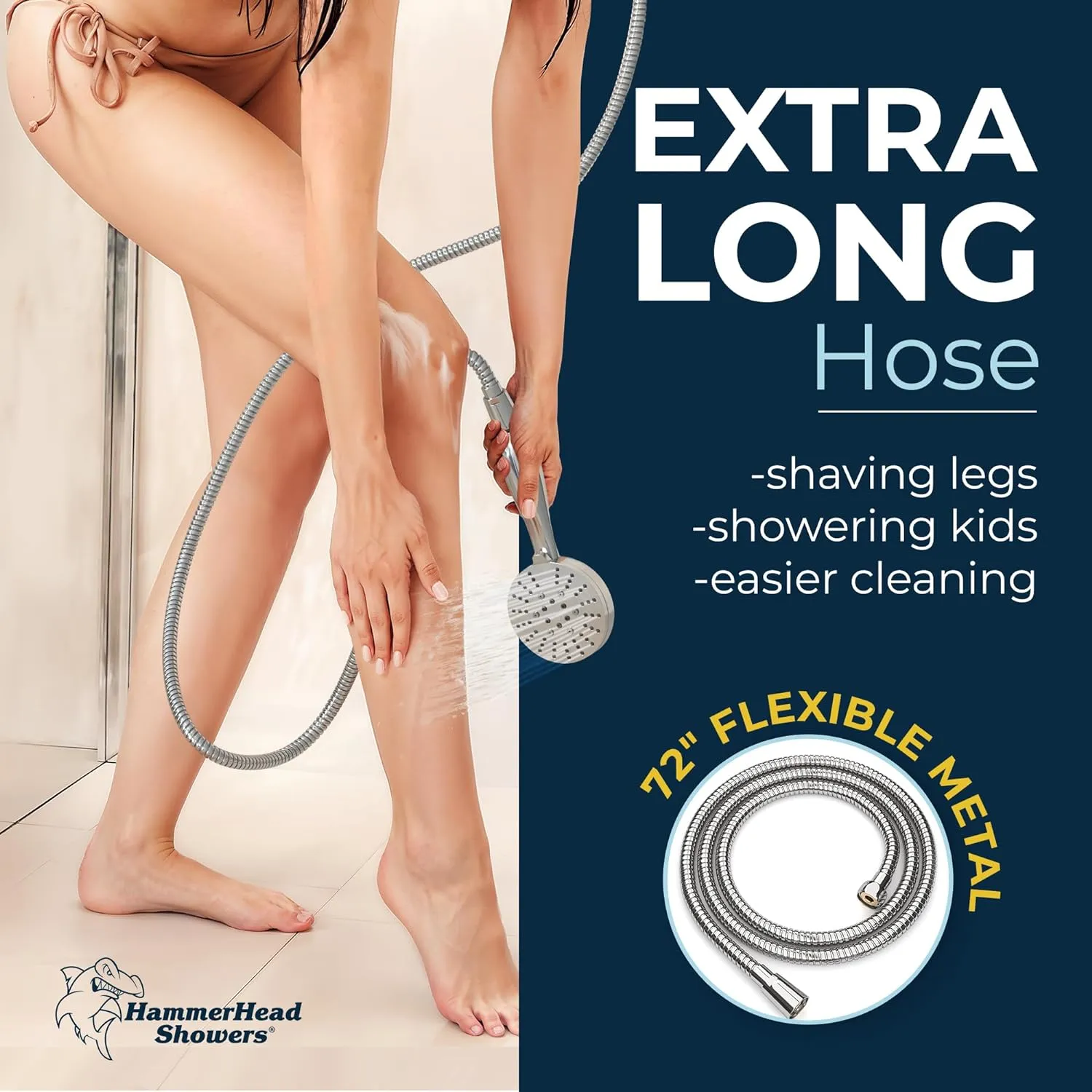 HammerHead Showers® ALL METAL 3-Spray Handheld Shower Head with Long Hose and Holder - CHROME - 2.5 GPM High Pressure Shower Head with Handheld Sprayer - WIDE, MASSAGE, and MIST Sprays