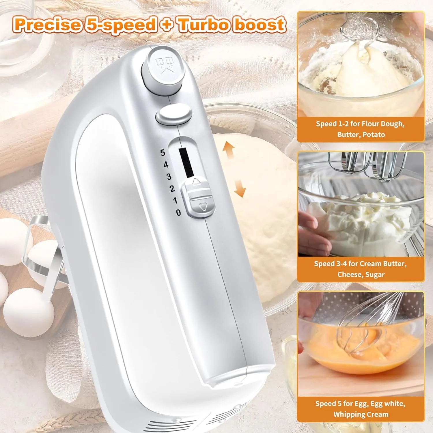 Hand Mixer, 5-Speed 400W Motor, Handheld Mixer with Turbo Boost, Storage Case, 2x Flat Beaters, 2x Dough Hooks, 1x Whisk (Silver)