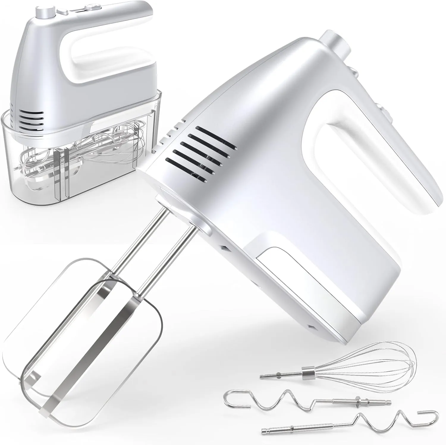 Hand Mixer, 5-Speed 400W Motor, Handheld Mixer with Turbo Boost, Storage Case, 2x Flat Beaters, 2x Dough Hooks, 1x Whisk (Silver)