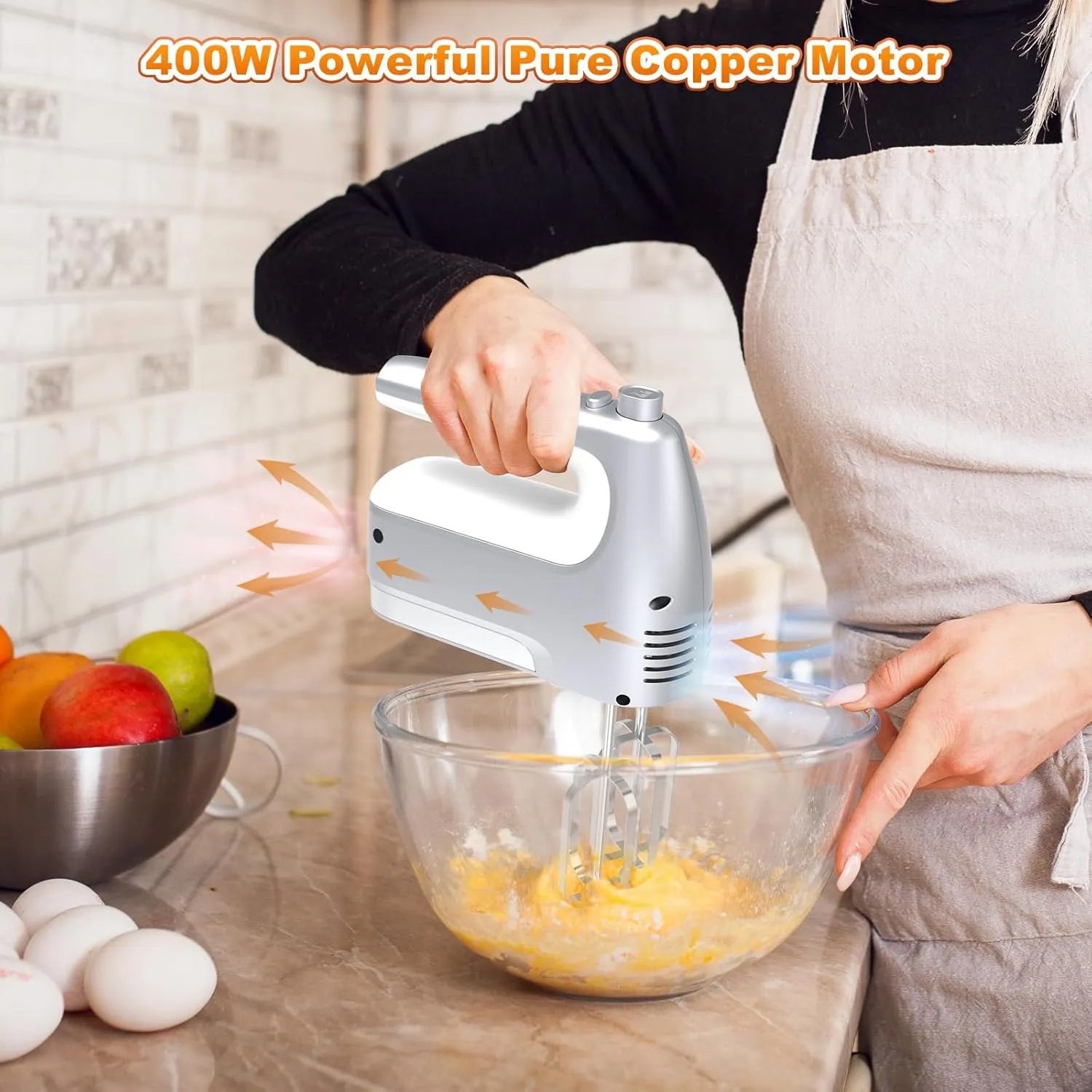 Hand Mixer, 5-Speed 400W Motor, Handheld Mixer with Turbo Boost, Storage Case, 2x Flat Beaters, 2x Dough Hooks, 1x Whisk (Silver)