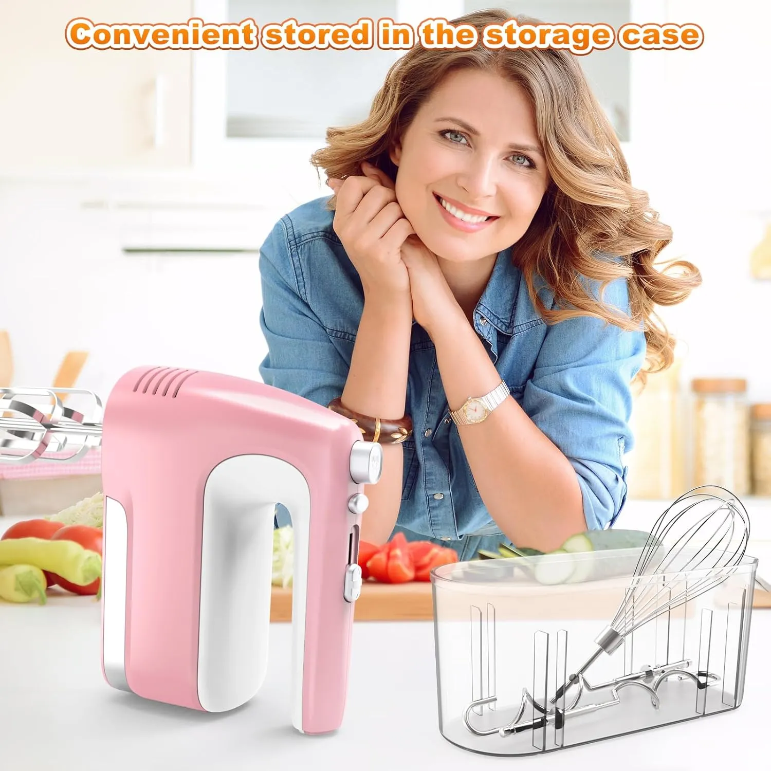 Hand Mixer Electric, 5-Speed 400W Motor, Handheld With Turbo Boost & Storage Case, 2x Flat Beaters, 2x Dough Hooks, 1x Whisk for Baking (Pink)