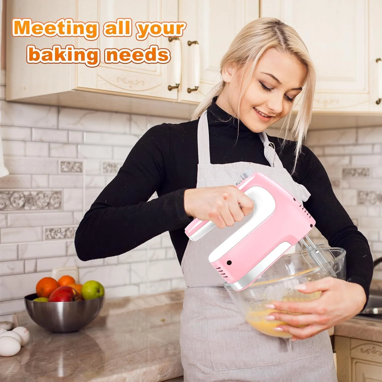 Hand Mixer Electric, 5-Speed 400W Motor, Handheld With Turbo Boost & Storage Case, 2x Flat Beaters, 2x Dough Hooks, 1x Whisk for Baking (Pink)