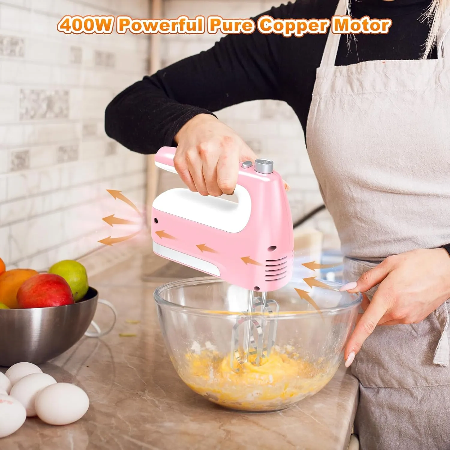 Hand Mixer Electric, 5-Speed 400W Motor, Handheld With Turbo Boost & Storage Case, 2x Flat Beaters, 2x Dough Hooks, 1x Whisk for Baking (Pink)