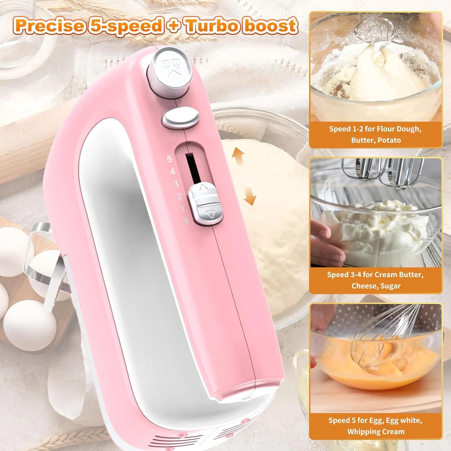 Hand Mixer Electric, 5-Speed 400W Motor, Handheld With Turbo Boost & Storage Case, 2x Flat Beaters, 2x Dough Hooks, 1x Whisk for Baking (Pink)