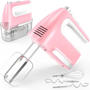 Hand Mixer Electric, 5-Speed 400W Motor, Handheld With Turbo Boost & Storage Case, 2x Flat Beaters, 2x Dough Hooks, 1x Whisk for Baking (Pink)