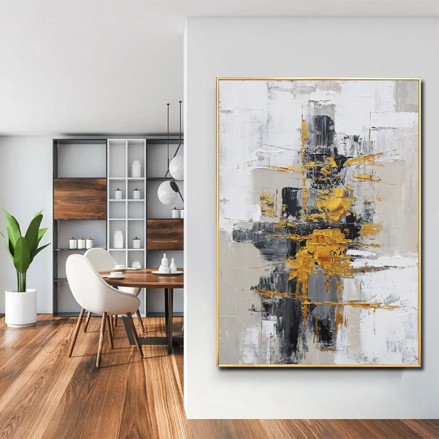 Hand-Painted Abstract Wall Art for Living Room,Framed Black and White Canvas Oil Painting for bedroom,3D Gold Thick Textrued Abstract Artwork for Office Decoration 32x48 inches