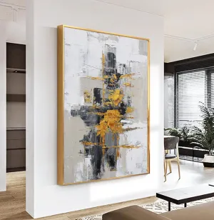 Hand-Painted Abstract Wall Art for Living Room,Framed Black and White Canvas Oil Painting for bedroom,3D Gold Thick Textrued Abstract Artwork for Office Decoration 32x48 inches