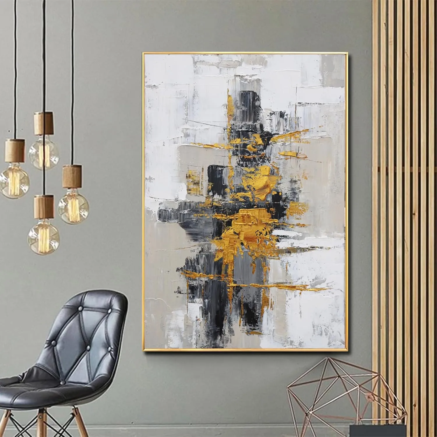 Hand-Painted Abstract Wall Art for Living Room,Framed Black and White Canvas Oil Painting for bedroom,3D Gold Thick Textrued Abstract Artwork for Office Decoration 32x48 inches