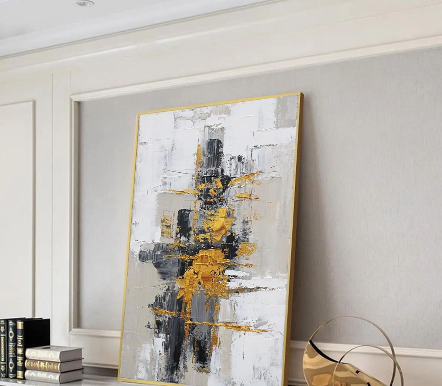 Hand-Painted Abstract Wall Art for Living Room,Framed Black and White Canvas Oil Painting for bedroom,3D Gold Thick Textrued Abstract Artwork for Office Decoration 32x48 inches