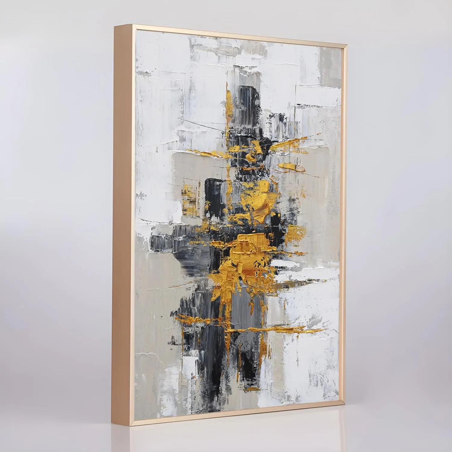 Hand-Painted Abstract Wall Art for Living Room,Framed Black and White Canvas Oil Painting for bedroom,3D Gold Thick Textrued Abstract Artwork for Office Decoration 32x48 inches