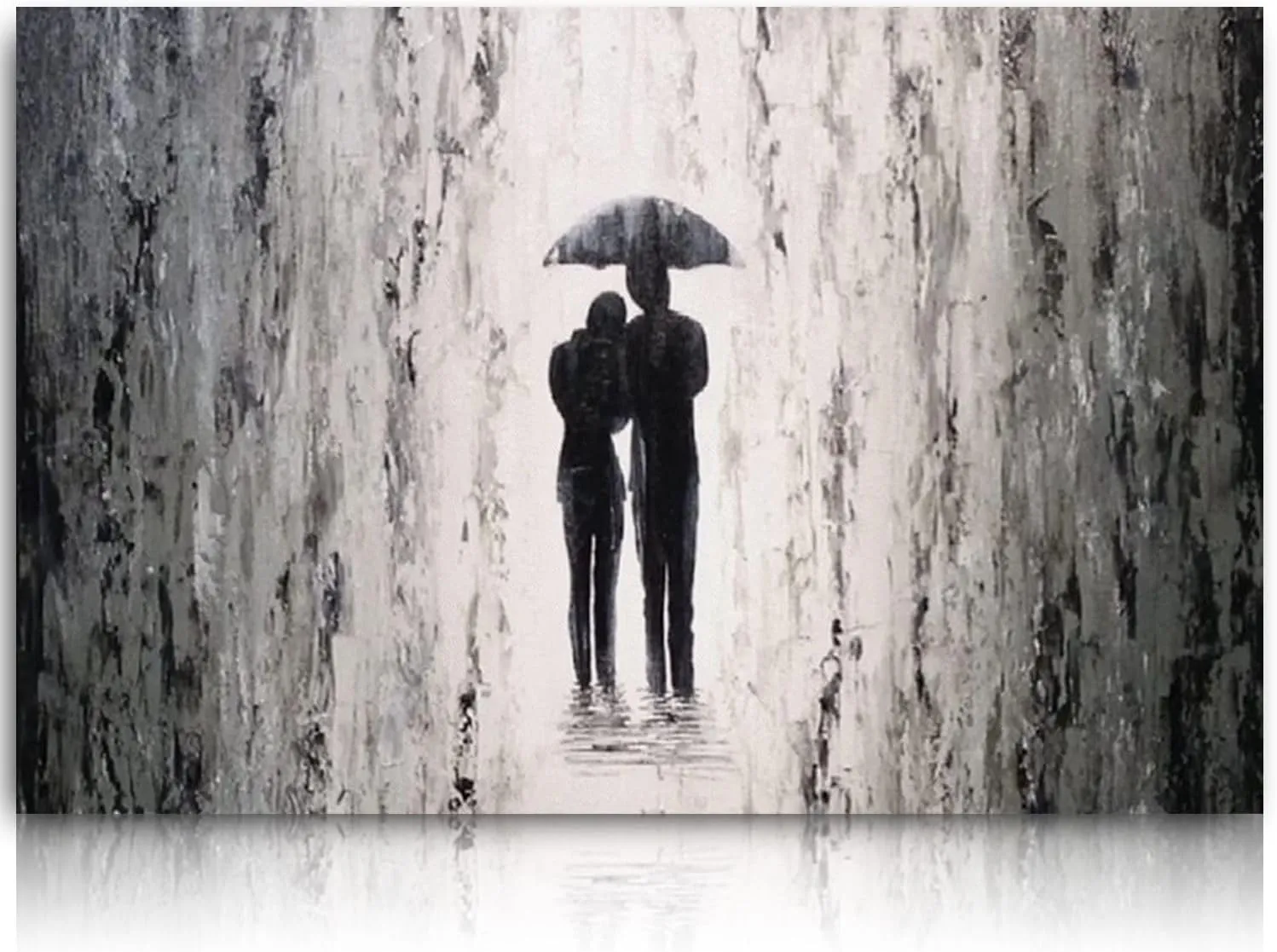 Hand Painted Romantic Couple Oil Painting Romance Of The Rainy Night Wall Art Couple Walking in The Rain Abstract Street Artwork Landscape Oil Painting On Canvas For Living Room Bedroom Decor 28"x40"