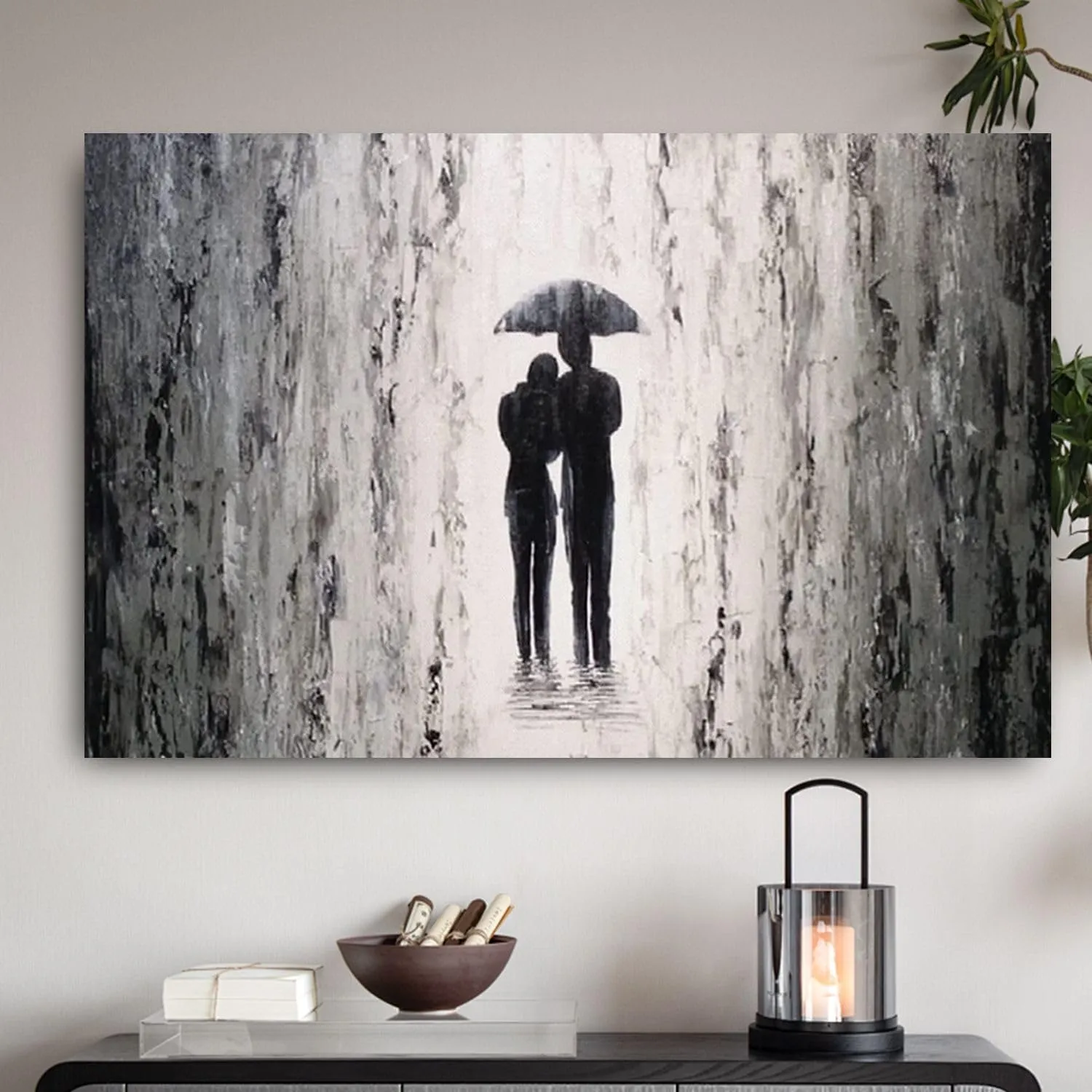 Hand Painted Romantic Couple Oil Painting Romance Of The Rainy Night Wall Art Couple Walking in The Rain Abstract Street Artwork Landscape Oil Painting On Canvas For Living Room Bedroom Decor 28"x40"
