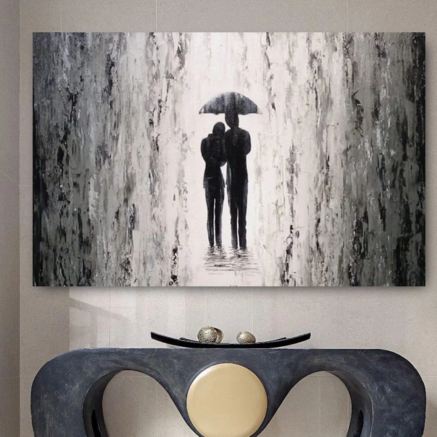 Hand Painted Romantic Couple Oil Painting Romance Of The Rainy Night Wall Art Couple Walking in The Rain Abstract Street Artwork Landscape Oil Painting On Canvas For Living Room Bedroom Decor 28"x40"
