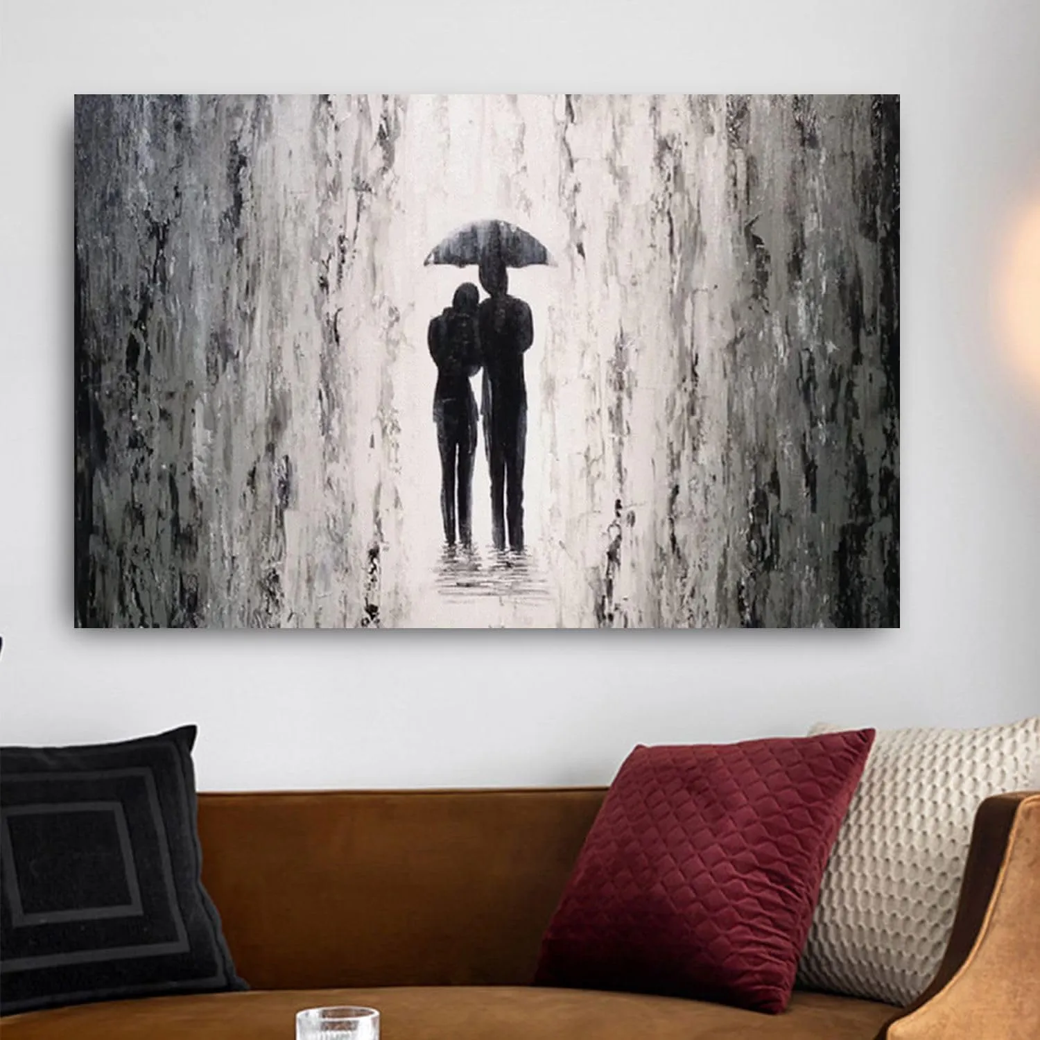 Hand Painted Romantic Couple Oil Painting Romance Of The Rainy Night Wall Art Couple Walking in The Rain Abstract Street Artwork Landscape Oil Painting On Canvas For Living Room Bedroom Decor 28"x40"